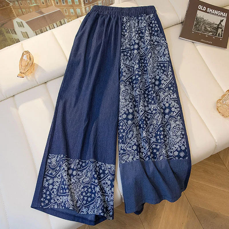 2026 Summer New Women Vintage Patchwork Wide Leg Pants Ethnic Print Splice Elastic Waist Trousers Loose Casual Cropped Trousers
