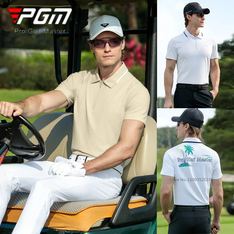 Pgm Men Casual Golf Tops Short-sleeved Zipper Collar Shirt Male Summer Printed Quick-dry Golf T-Shirts Business Sports Clothing