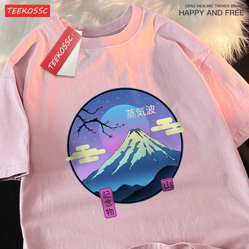 Japanese Harajuku Sakura Mount Fuji Male T-Shirt Loose Tee Clothes Summer Hip Hop Cotton Tshirt Casual Crewneck Oversized Tops
