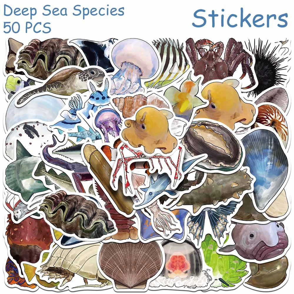 10/30/50pcs Deep Sea Fish Marine Animals Stickers Shell Octopus Sea Urchin Cartoon Decals DIY Suitcase Phone Decoration Sticker
