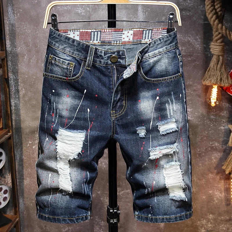 Men\'s Graffiti Ripped Short Jeans 2024 Summer New Fashion Casual Slim Big Hole Retro Style Denim Shorts Male Brand Clothes