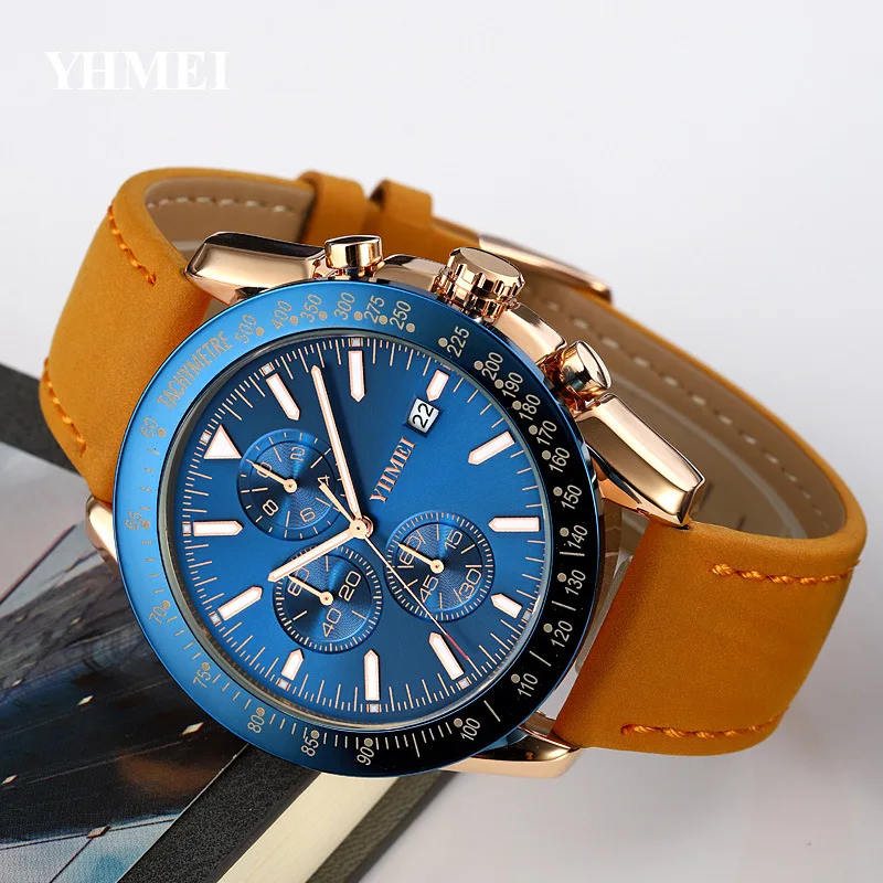 Fashionable Casual Men's Watch with Leather Strap, Six-Needle Sub-Dial, Calendar, Water-Resistant Quartz Wristwatch