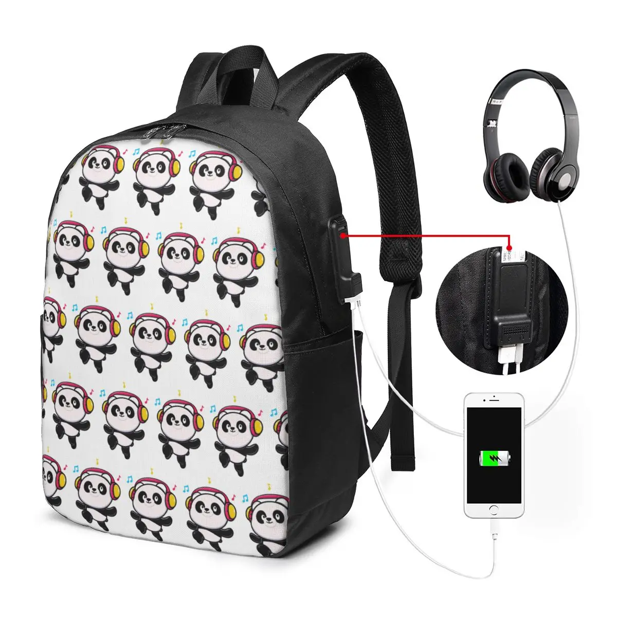 Adorable Panda With Headphones And Music Backpack Travel Notebook Bag Computer College Student School Bag Laptop Shoulder Bags
