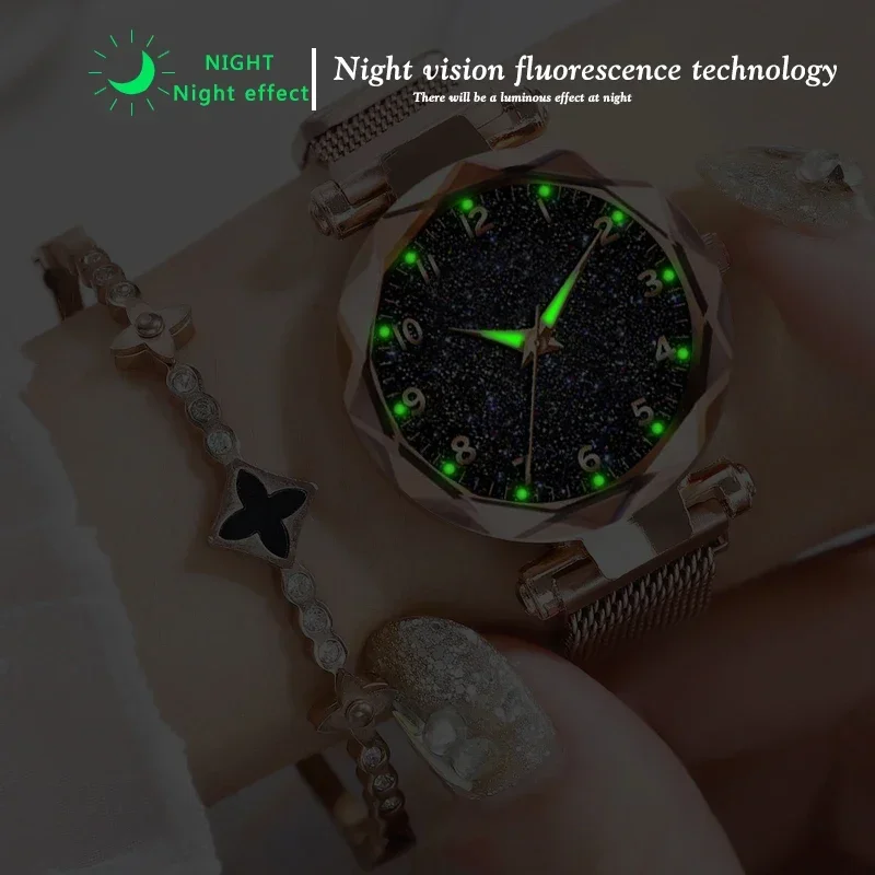 Relojes de moda para mujer, cinturón de malla, reloj magnético con cielo estrellado para mujer, reloj de pulsera de cuarzo, reloj de pulsera de lujo para mujer, reloj con temperamento