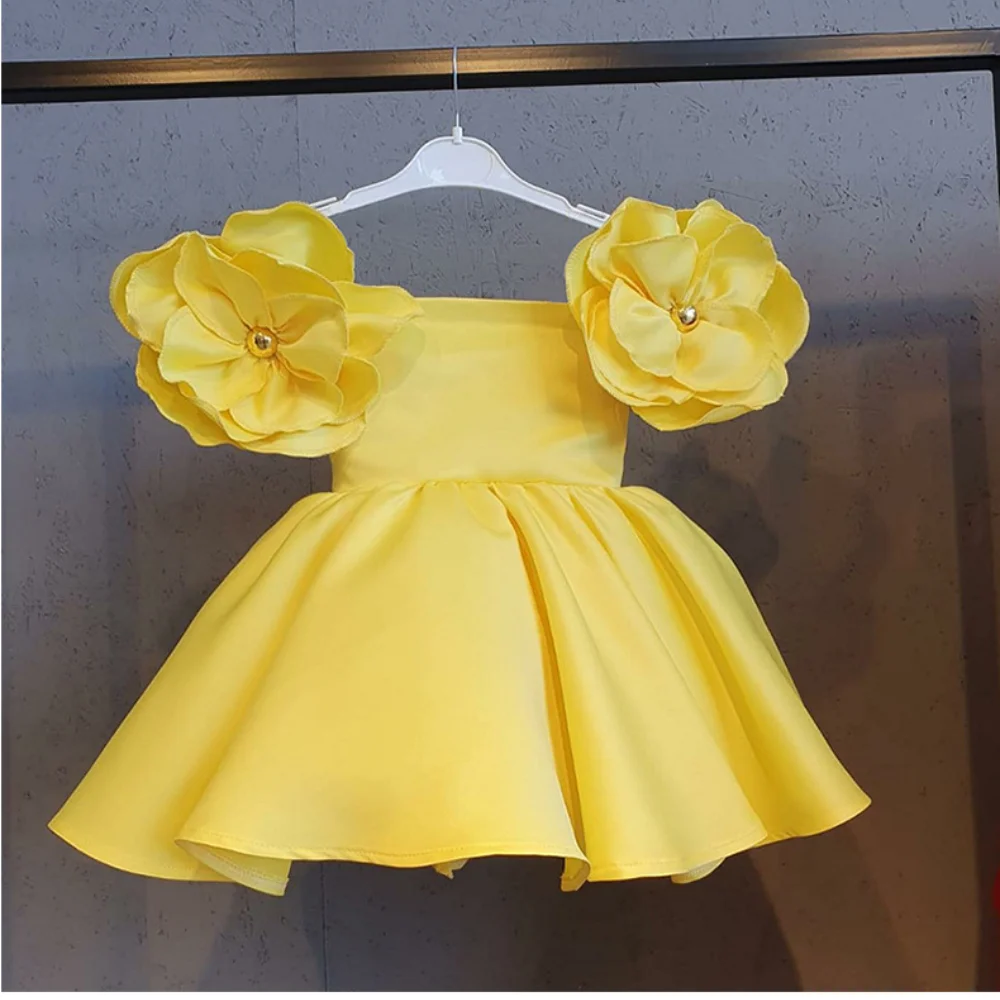 Bear Leader Girl\'s Yellow Flower Princess Dress Birthday Party Ball One Neck Collar Pleated Dresses Summer Gown for Kids