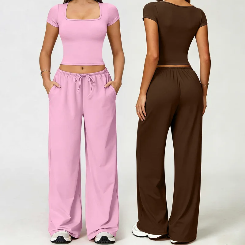 Women's Tracksuit Square Neck Short Sleeve One Shoulder Long Sleeve High Waist Casual Wide Leg Pants Sports Yoga Outfit Set