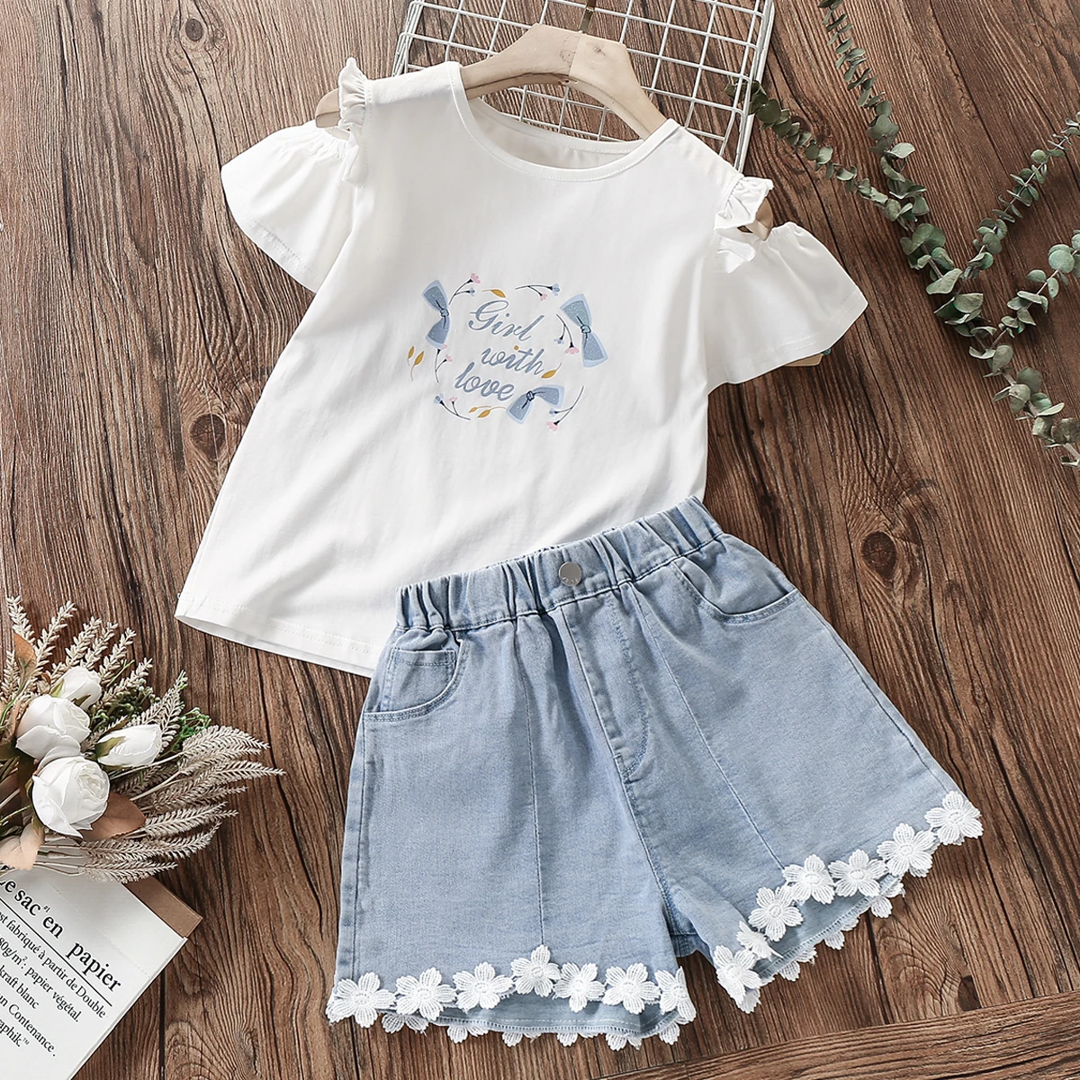 

Preppy School Kids Sets for Girls Suits Summer Teenagers Clothes T-shirt & Denim Shorts Baby Children Costumes 6 8 9 10 12 Years