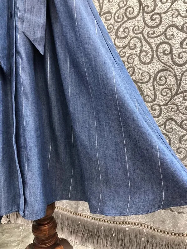 High Quality Denim Dress 2024 Summer Fashion Design Women White Lace Patchwork Short Sleeve Mid-Calf Length Blue Jeans Dress