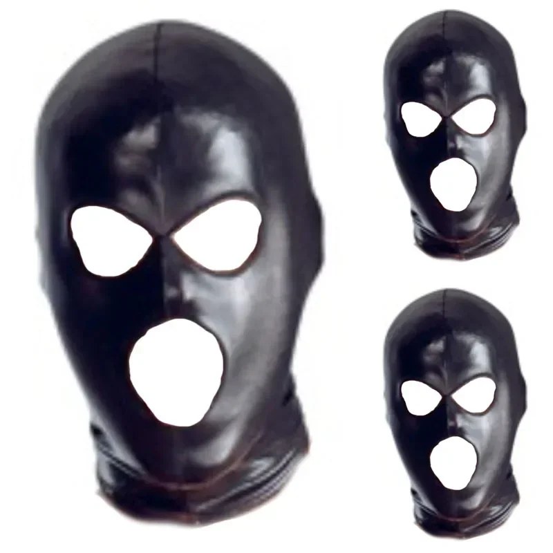 ผู้ชาย 3 หลุมฮาโลวีน Carnival Wetlook Hood ฝาครอบคอสเพลย์ Face Mask หมวกหนังเทียม