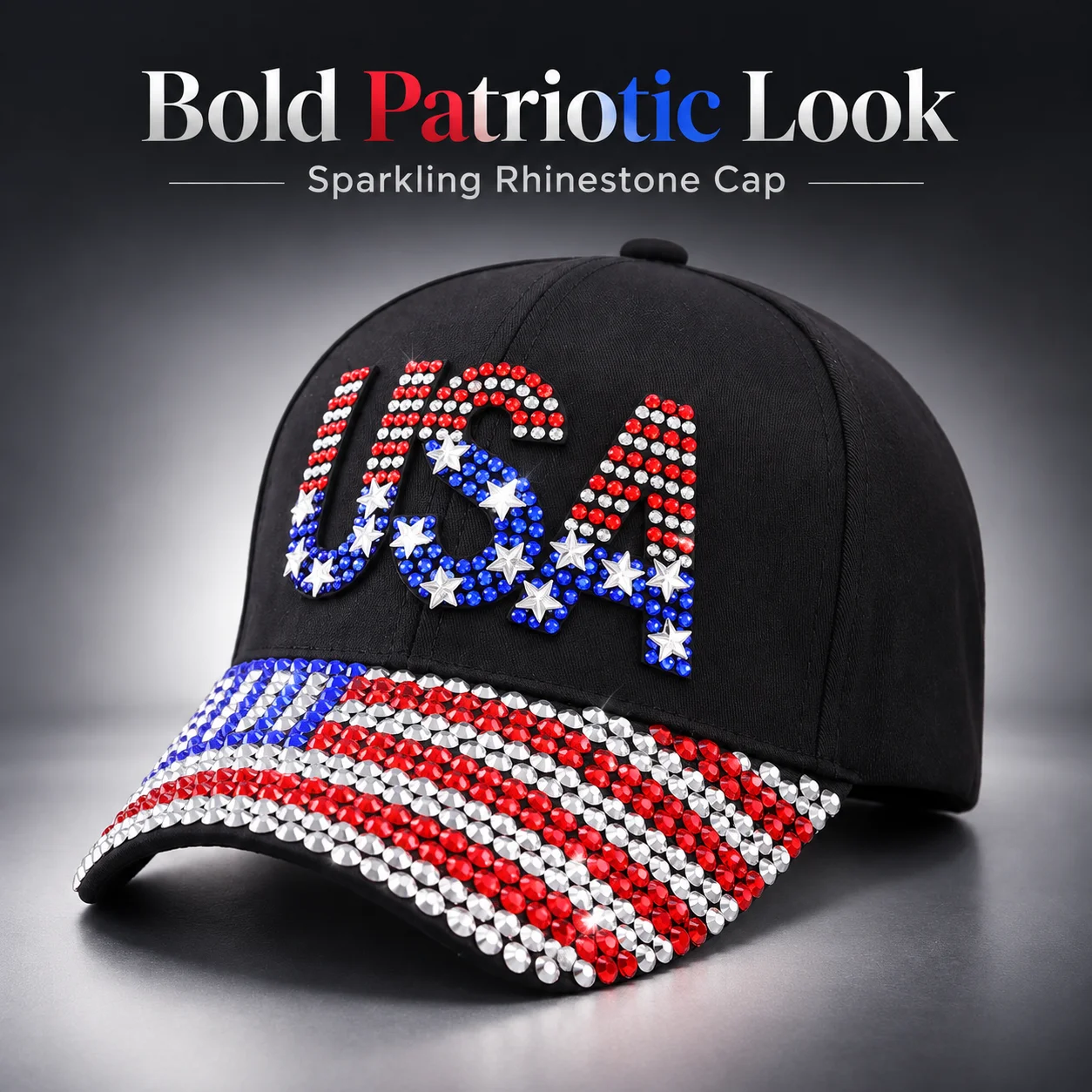USA Rhinestone Baseball Cap Sparkling American Flag Hat Adjustable Patriotic Cap for 2026 Midterm Election Day