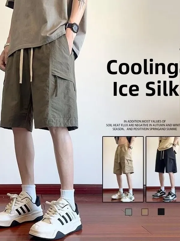 

Ice Silk Casual orts Men's Summer Workwear Dstring Thin Five-Quarter Pants Straight Leg Cool Feeling Daily Wear