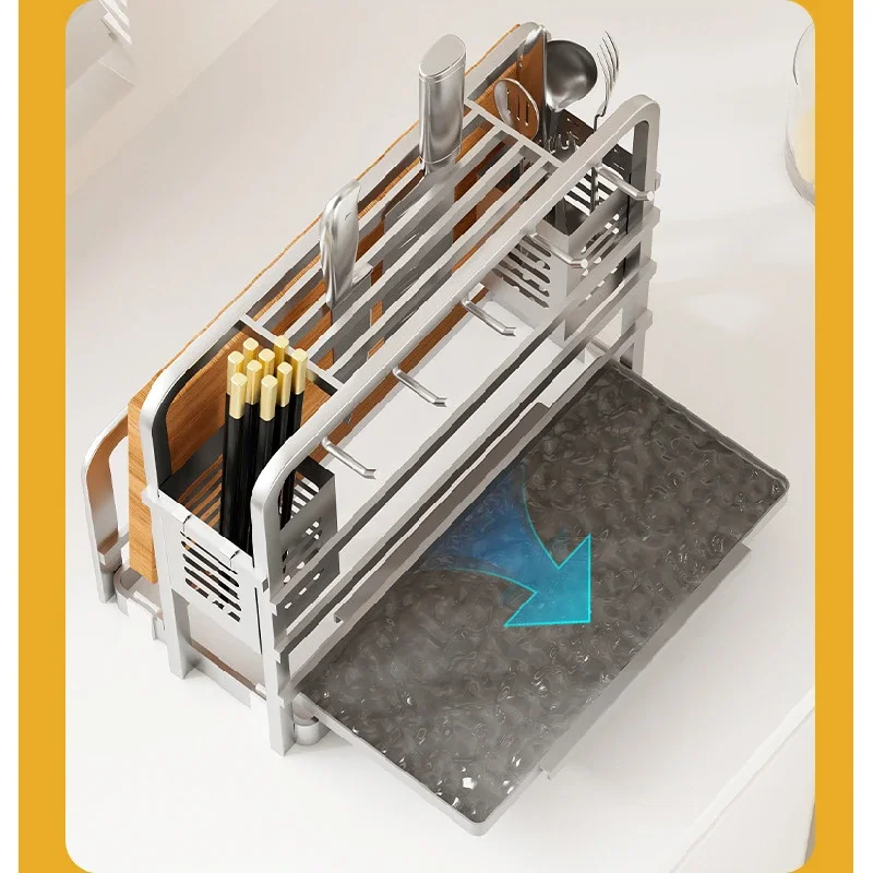 Aluminum Kitchen Knife Holder with Cutting Board Rack and Utensils Organizer,Kitchen Countertop Cutlery Drying Container Tray 4