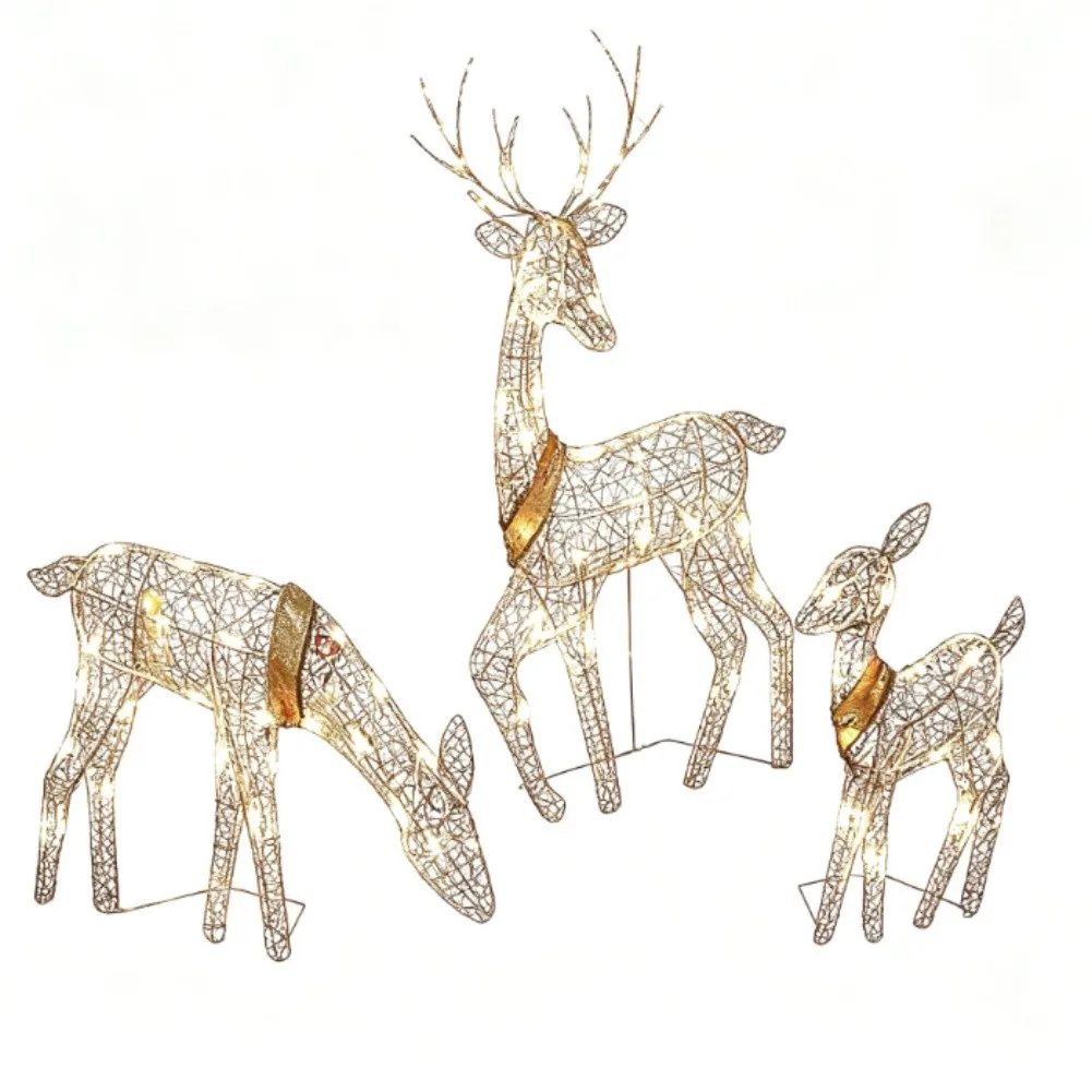 3PCS Illuminated Christmas Reindeer Family Set Metal LED Light Decor For Holiday Yard Lawn Garden Outdoor Festival Ornaments