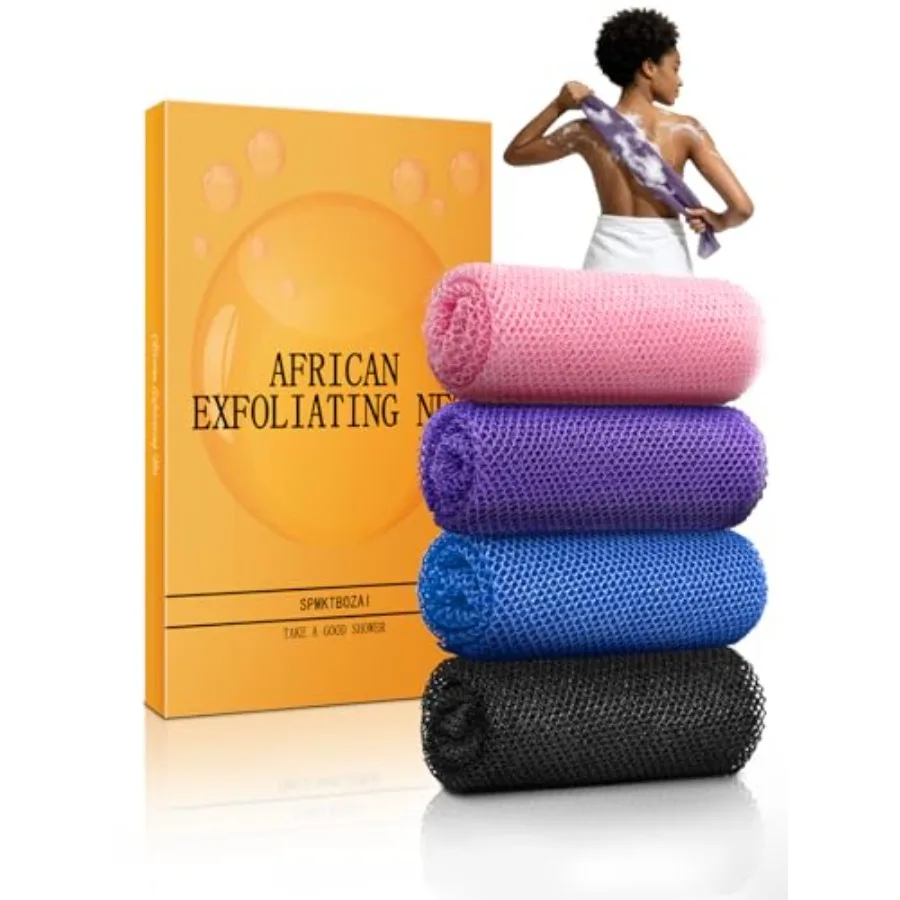 SPMKTBOZAI 4 Pack African Net Sponge, Authentic African Exfoliating Net Sponge for Body and Back, Extra Long Stretchable Africa