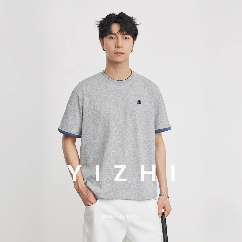 260g Heavyweight Contrast Color Crew Neck Short Sleeve T-Shirt Men Summer Casual Slightly Dropped Shoulder Loose Trendy Tops