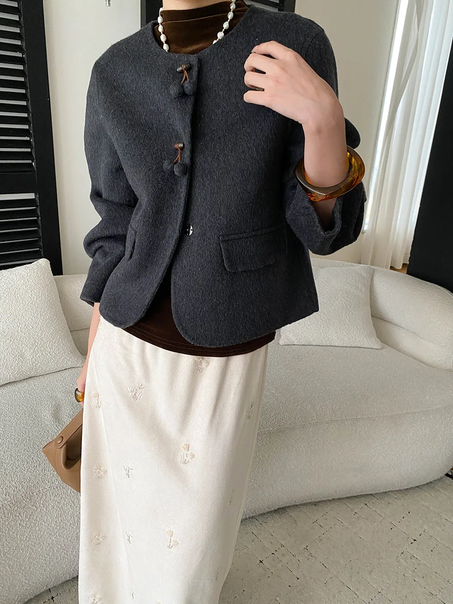 Autumn women's casual solid color minimalist style round neck cherry buckle small fragrant style jacket