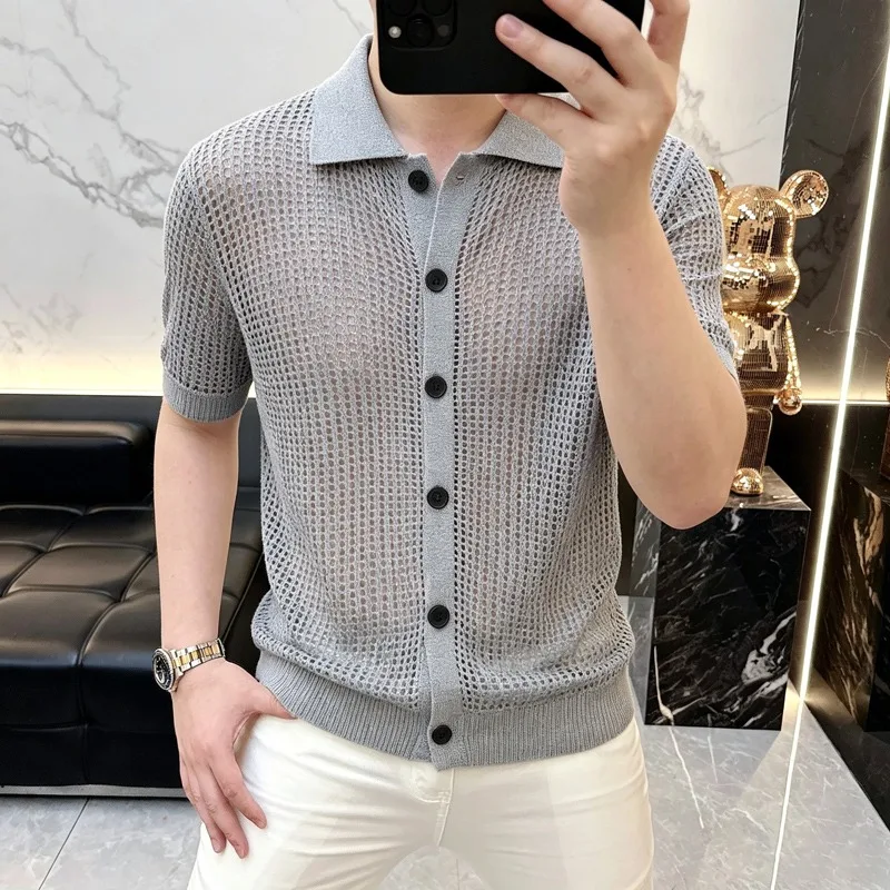 Summer Mesh Knitted Polo Shirts for Men Short Sleeved Lapel Single Breasted Cardigan Casual Business Social T-shirt Men Clothing