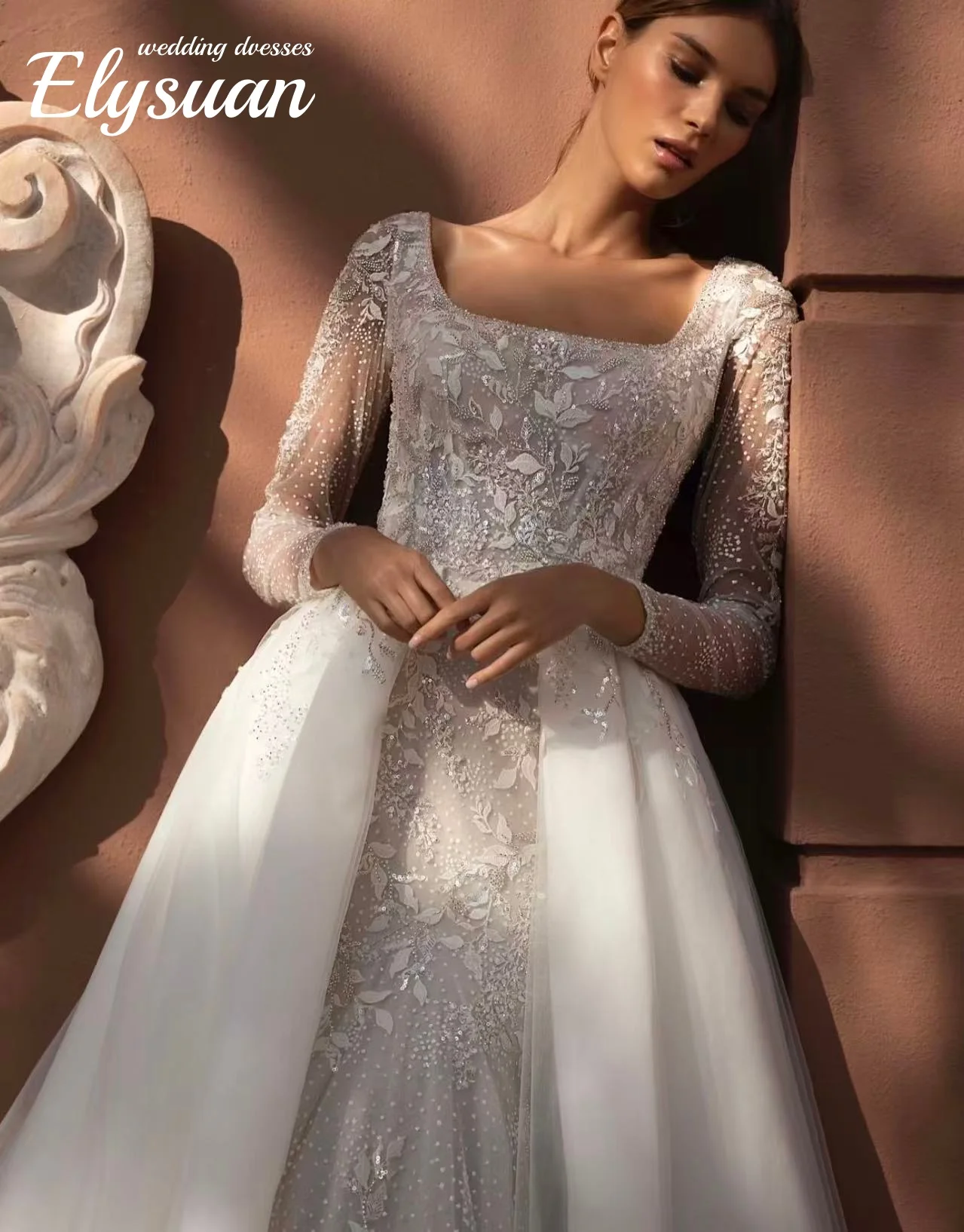 Customized Square Neck Zipper Up Back Long Sleeve Beads Lace 2 Pieces Mermaid Wedding Dresses With Detachable Train Vestido