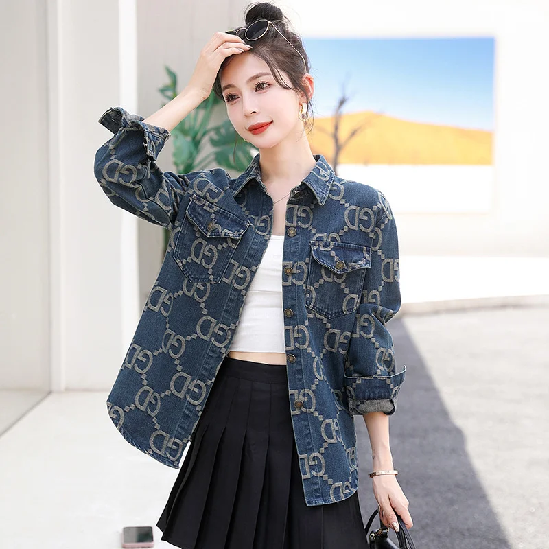 #3130 Vintage Blue Denim Jacket Women Loose Streetwear Jeans Jacket Printed Denim Coat Female Loose Harajuku Outerwear Spring