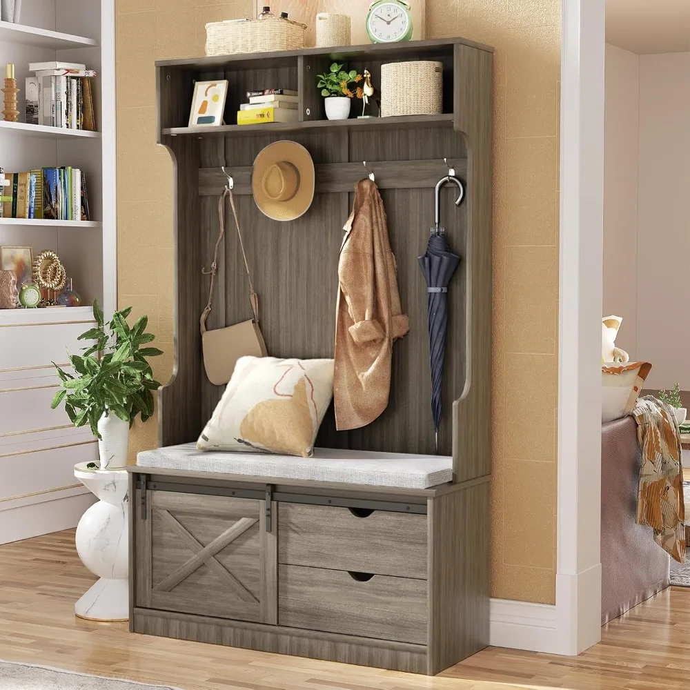 

Entryway Hall Tree w/Coat Rack, Upholstered Shoe Storage Bench, Slide Cabinet Organizer Drawer, One Size for Entryways, Mudroom