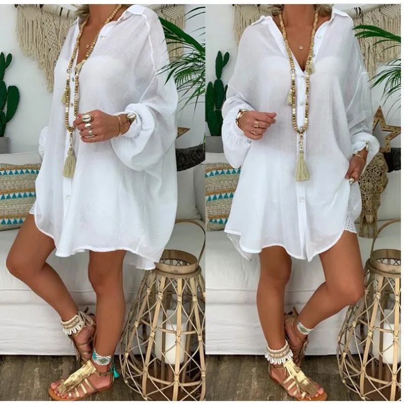 

Mandylandy Summer Shirt Women's Button Loose Long Sleeve Casual Shirt Beach Wear Top Swim Cover Up Solid Color Loose Shirts