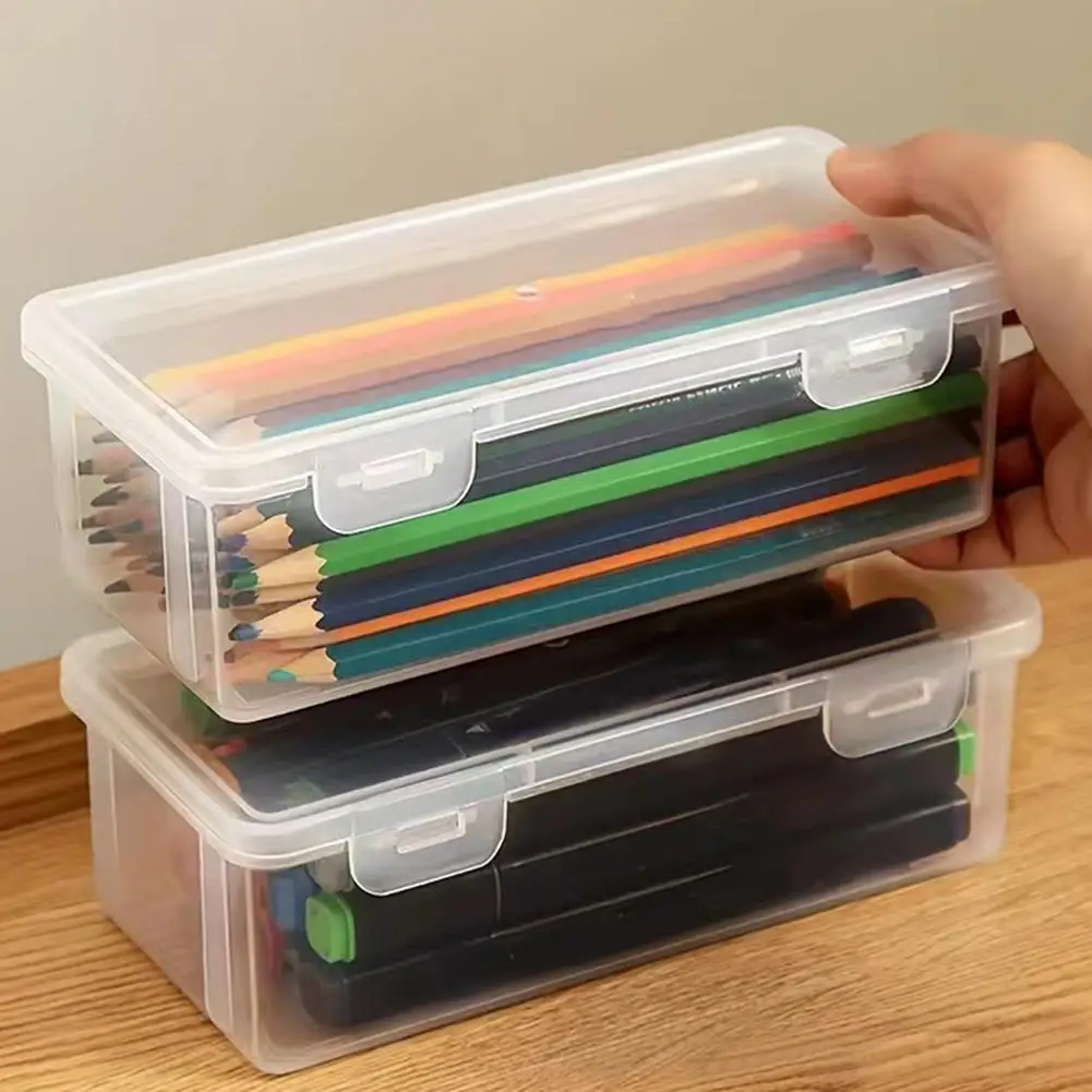 1pc Transparent Plastic Pencil Box School Office Supplies Pens Markers Erasers Tape Stickers Beads Storage Organizer Box