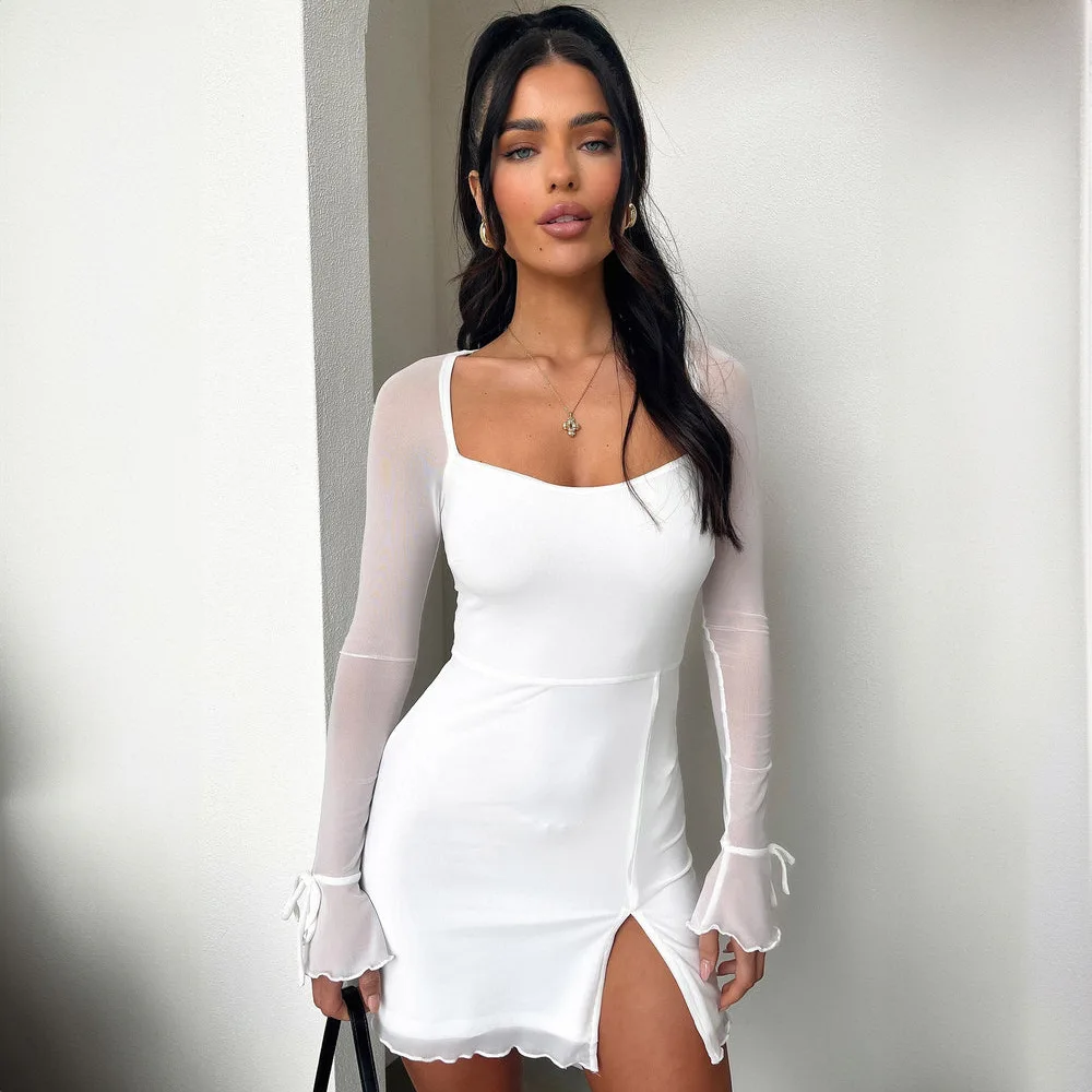 

Sexy Temperament Long Sleeve Mesh Patchwork Slit Dress Women's Solid High Street Square Neck Clothes Female Elegant Y2k Clothes