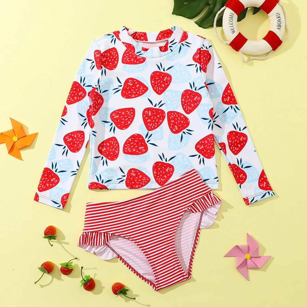 Girl Two Pieces Swimsuit 1-6 Years Long Sleeve Cartoon Print Swimwear Set For Kids Girls Baby Summer Swimming Bathing Suit