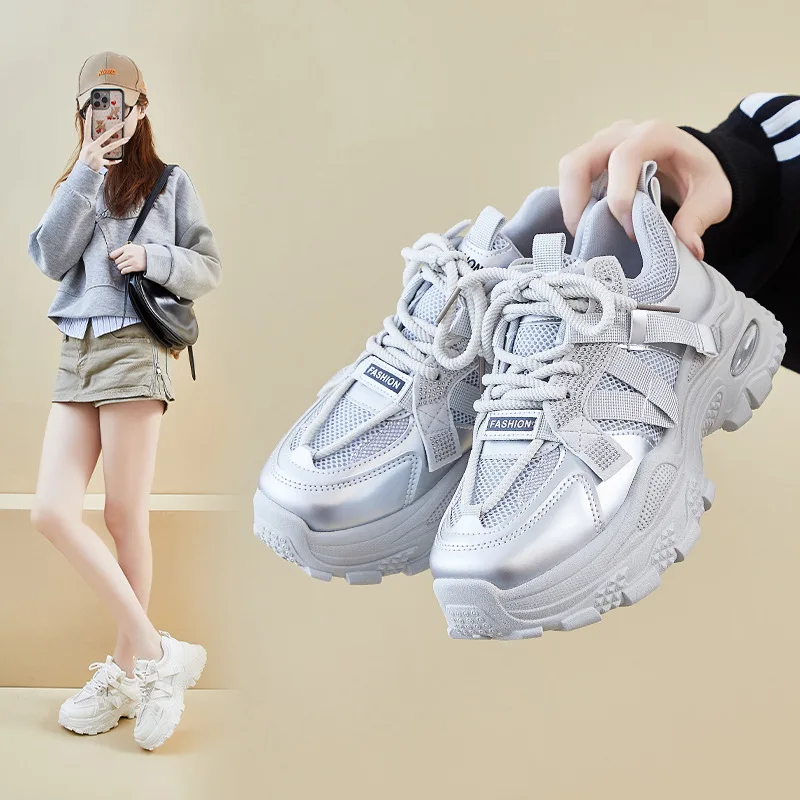 

Женская обувь для папы в корейском стиле 2025 года, кроссовки на массивной платформе для увеличения роста, повседневные кроссовки для студентов