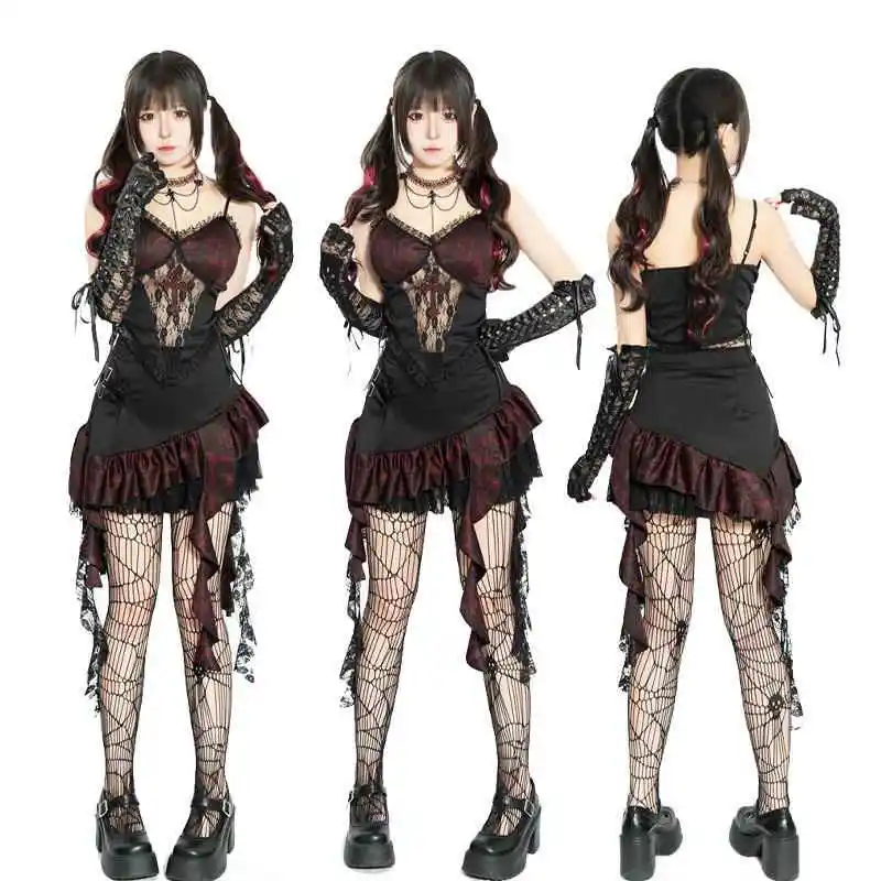 레트로 레이스 뷔스티에 스커트 세트 할로윈 코스튬 빈티지 슬레 코트 테마 디바 드 여성 민족풍 패션 무대 의상