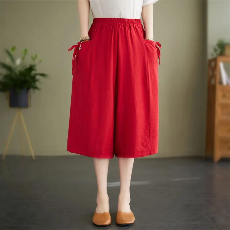 Fashion All-match Elastic Waist Wide Leg Pants Summer Loose Solid Color Women's Clothing Comfortable Pocket Straight Trousers