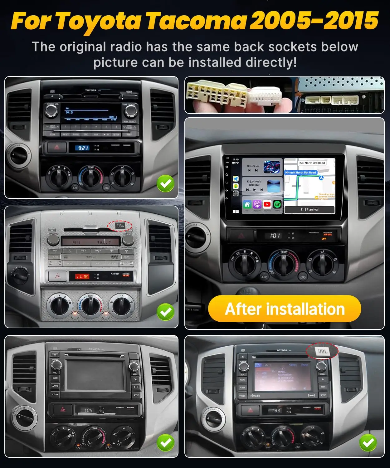 راديو ستيريو للسيارة مقاس 9 بوصة لسيارة Toyota Tacoma 2005-2015 CarPlay/Android Auto WiFi/GPS Navi/BT/FM راديو/SWC Fit J.B.L