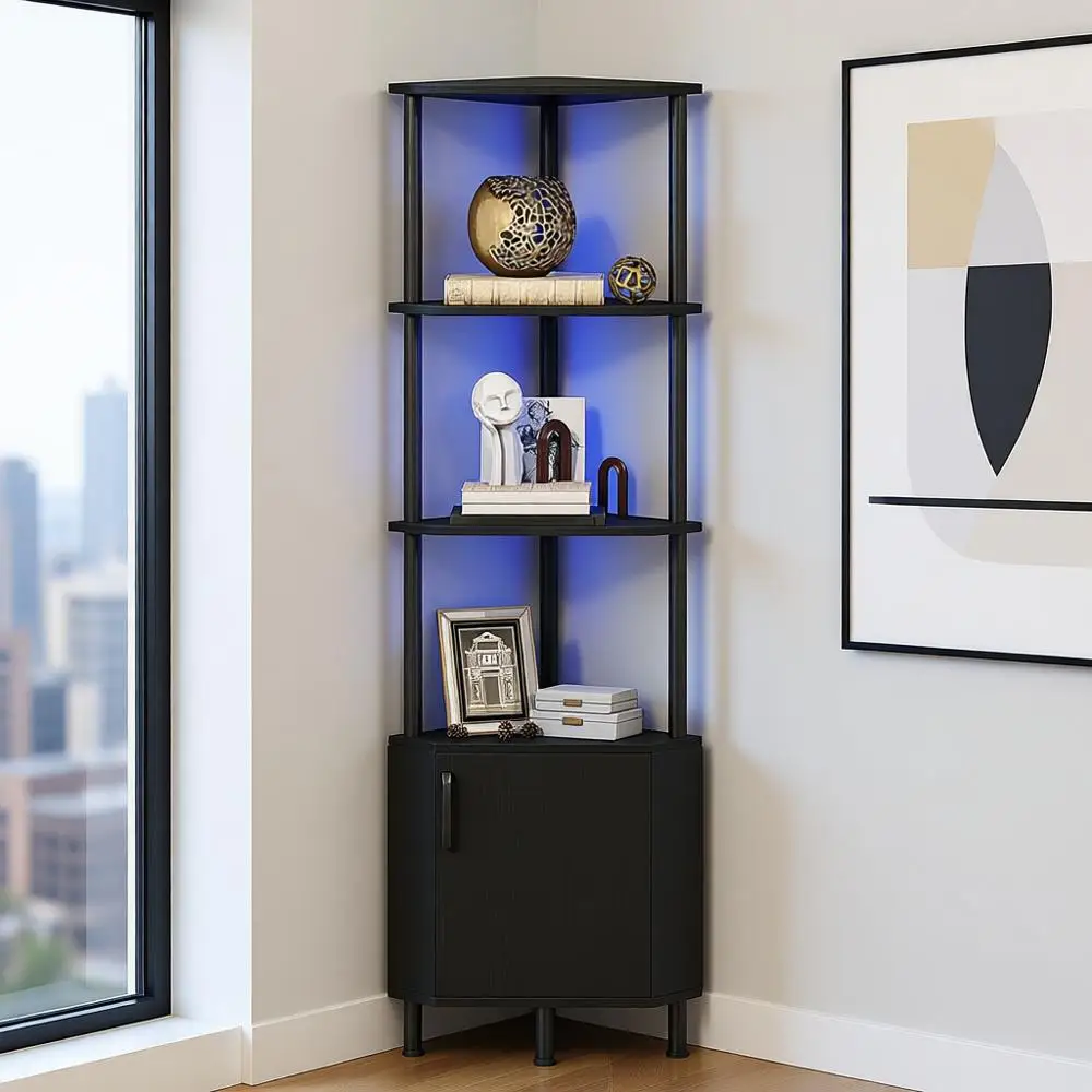 

5-Tier Industrial Corner Bookshelf, Tall Display Rack, LED Lighted Corner Cabinet, Storage Shelf with Doors for Living Room and