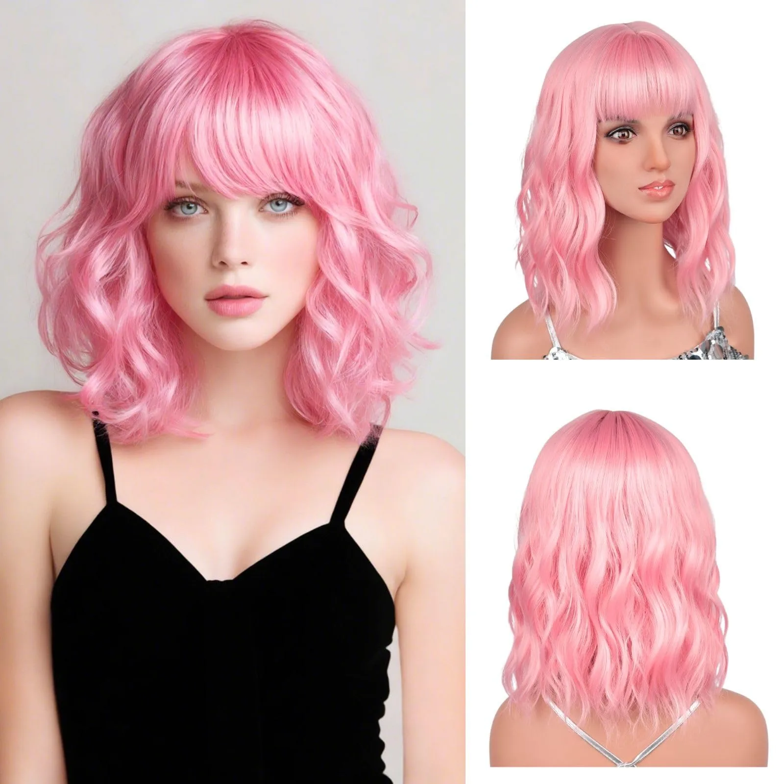Pink Short Wavy Curl Synthetic Wig - Halloween Party Cosplay Role-Playing Wig - Daily High-Temperature Synthetic Hair Cap