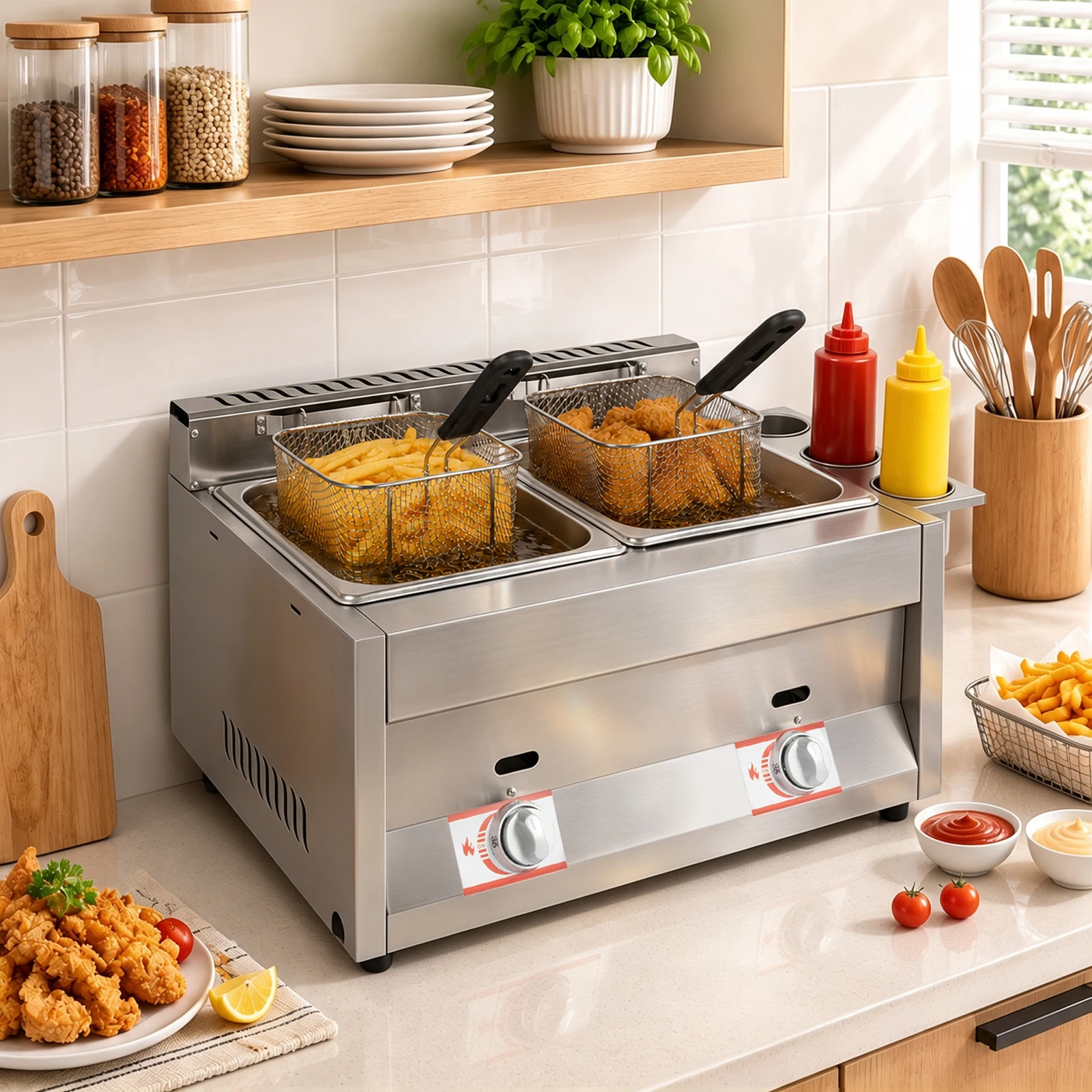 Food Snacks Restaurant - Silver 6L×2 Dual‑Tank Gas Stainless Steel
