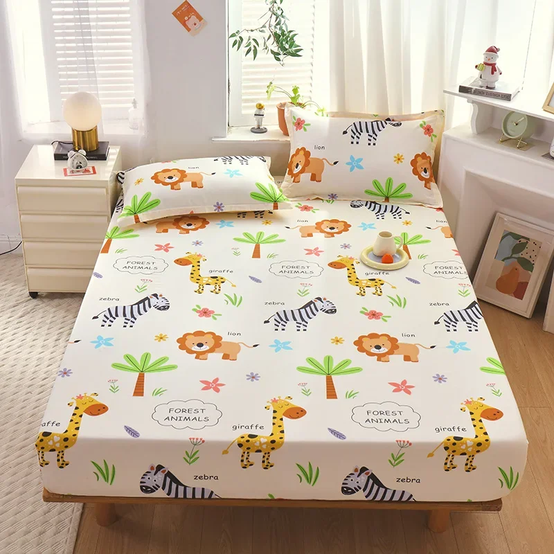 New 100% Cotton Cartoon Fitted Bed Sheet Non-Slip Pure Cotton Mattress Cover for Single Double King Queen Bed Home Decoration