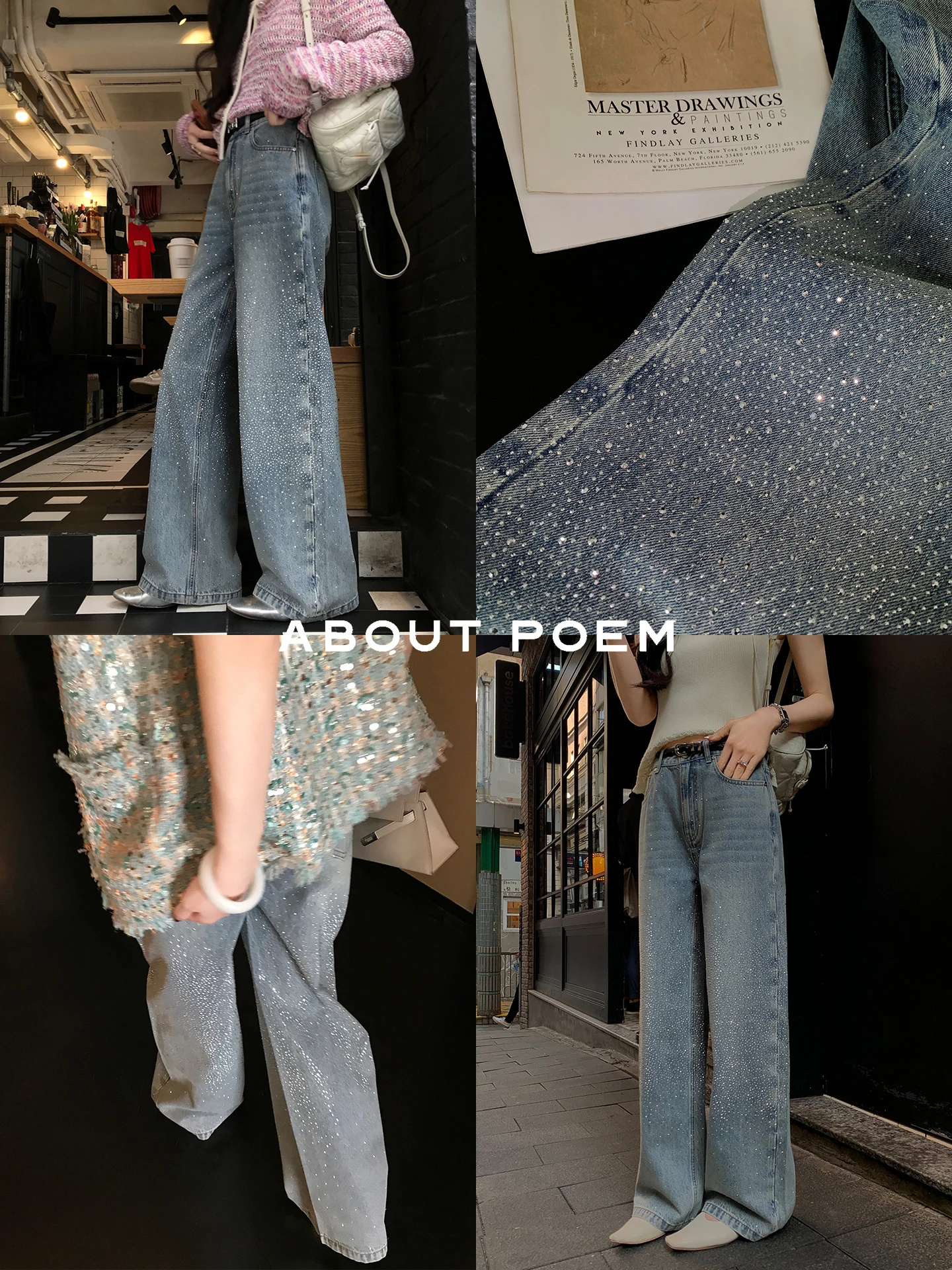 

Summer Poem Vintage Heavy Duty Rhinestone Process Loose Cotton Denim Long Pants Women Spring Natural Waist Straight Leg Jeans