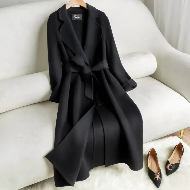 Double-sided cashmere coat women's medium and long 2022 new high-end black slim-fitting Hepburn woolen anti-season coat