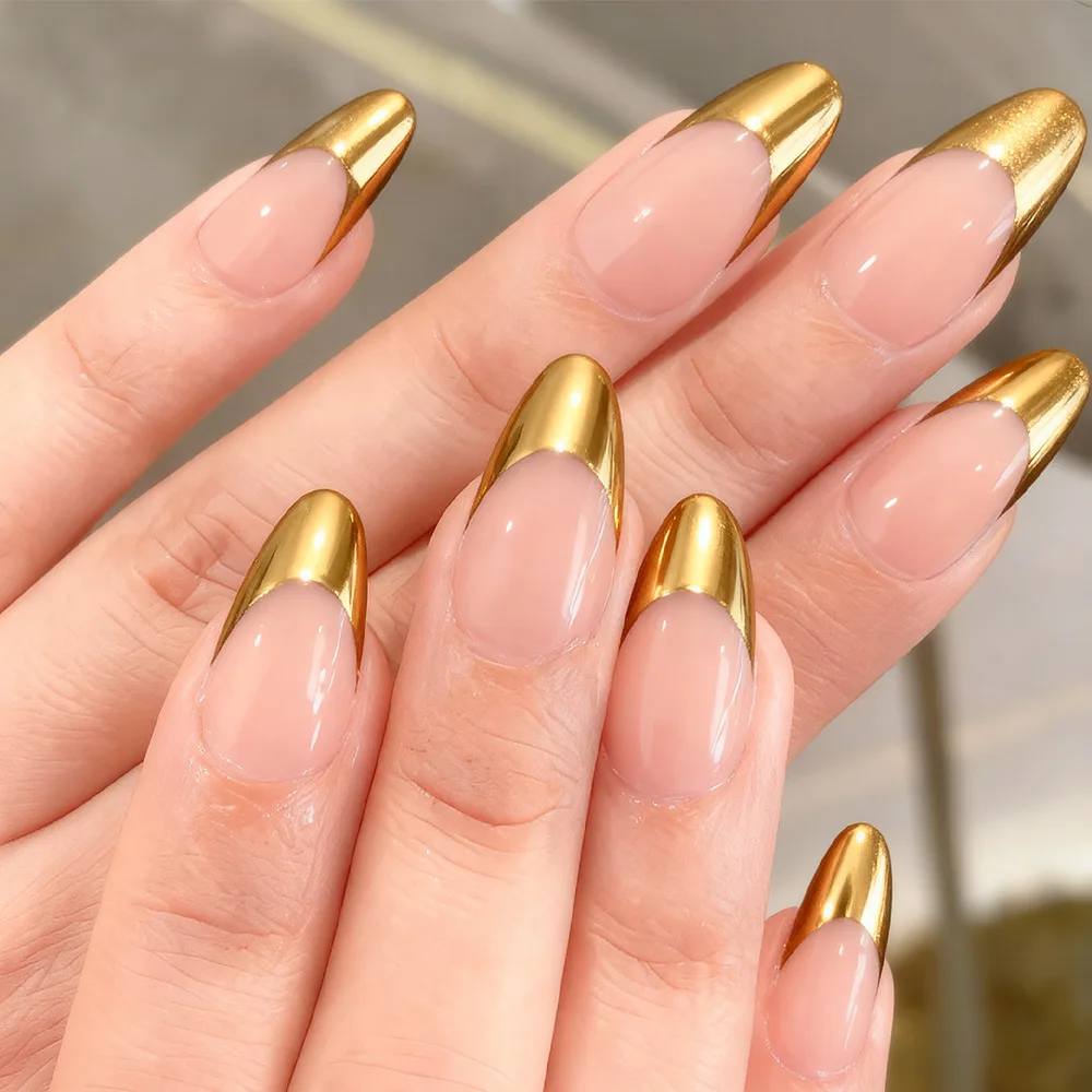 30 قطعة/المجموعة/مجموعة أظافر صناعية متوسطة اللوز للنساء والفتيات بسيطة ذهبية وفضية وأحمر وأسود وأبيض وأطراف حافة فرنسية اضغط على الأظافر الصناعية