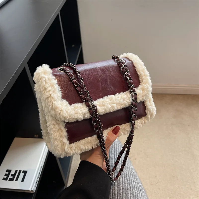 Retro Faux Fur Lambswool Handbag Women's Luxury Designer Bag PU Leather Messenger Bags Ladies Tote Bag Purses Chain Shoulder Bag