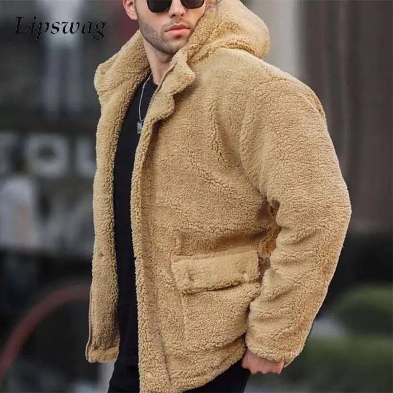 Fashion Furry Fleece Cardigan Jackets Men Autumn Winter Casual Solid Color Wool Outerwear For Mens Vintage Loose Fleece Jacket