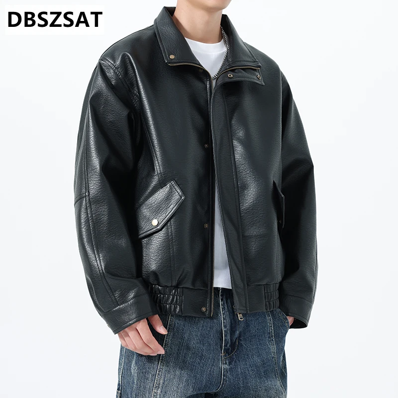 2029   Jacket Men Spring Autumn Lapel Baseball Bomber Leather Coat Unisex Couple Outerwear