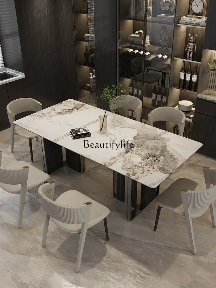 

12Italian light luxury rock slab dining table modern simple household rectangular stainless steel high-end dining table