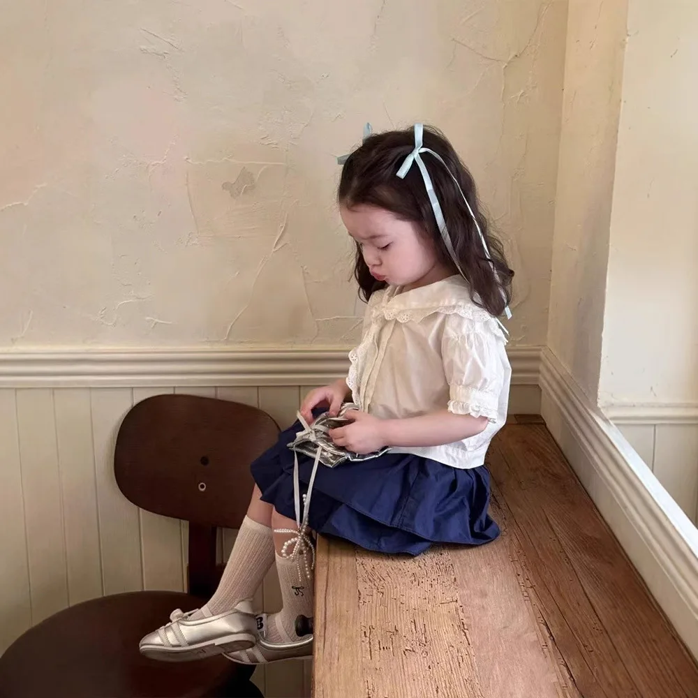 Korean Children's Clothing Girls White Shirt Summer Clothing 2025 New Foreign Style Top Children's College Style Baby Shirt