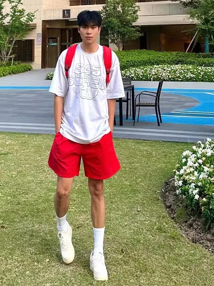 

Red Ice Silk Thin Summer orts Men's Beach Pants American Baskeall Sport Five-Point Dopane Outfit Straight Leg mid Waist