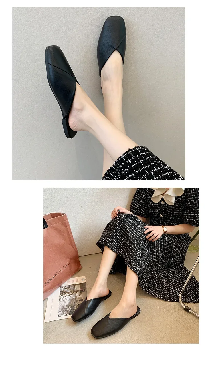 Frauen Maultiere 2024 Sommer Elegante Platz Geschlossene Zehe Flache Hausschuhe Weibliche Schuhe Casual Leder Schwarz Weiß Rutschen Plus Größe 35-43 – Detail 6