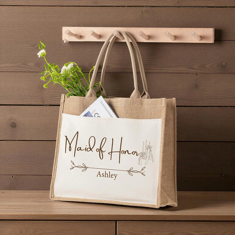 

Custom Vintage Jute Tote Bag Rustic Burlap Material Personalized with Monogram and Design for Picnic Travel Work