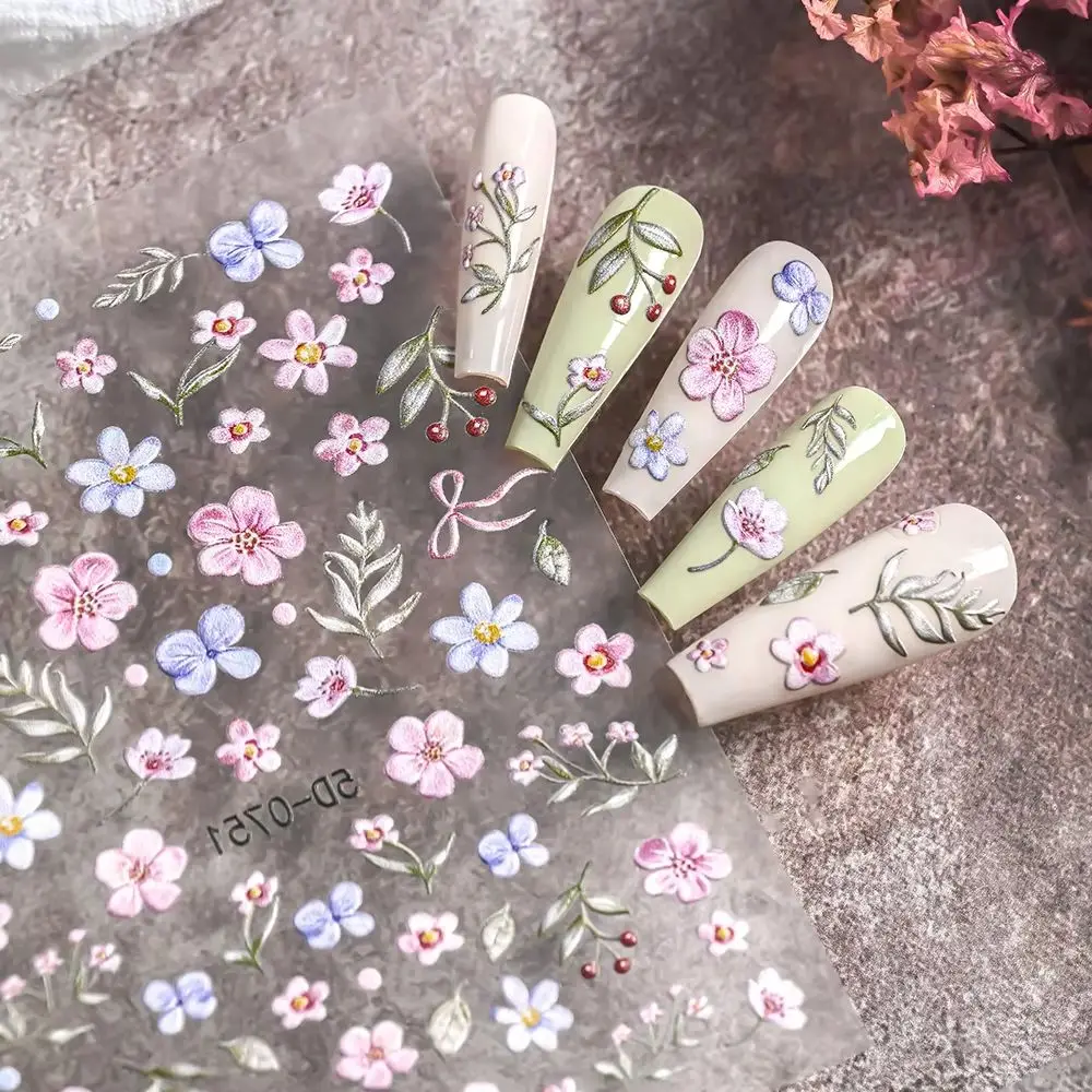 1pc 5D Embossed Sakura Daisy Flower Nail Art Stickers Pastel Floral & Leaf Nail Sliders DIY Manicure Daily & Party Decoration *#