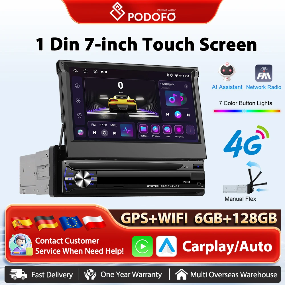 Podofo 1Din Drahtlose Carplay Auto Radio Android Auto GPS Navigation Auto Intelligente System Player DSP WIFI AI Stimme RDS BT Radio