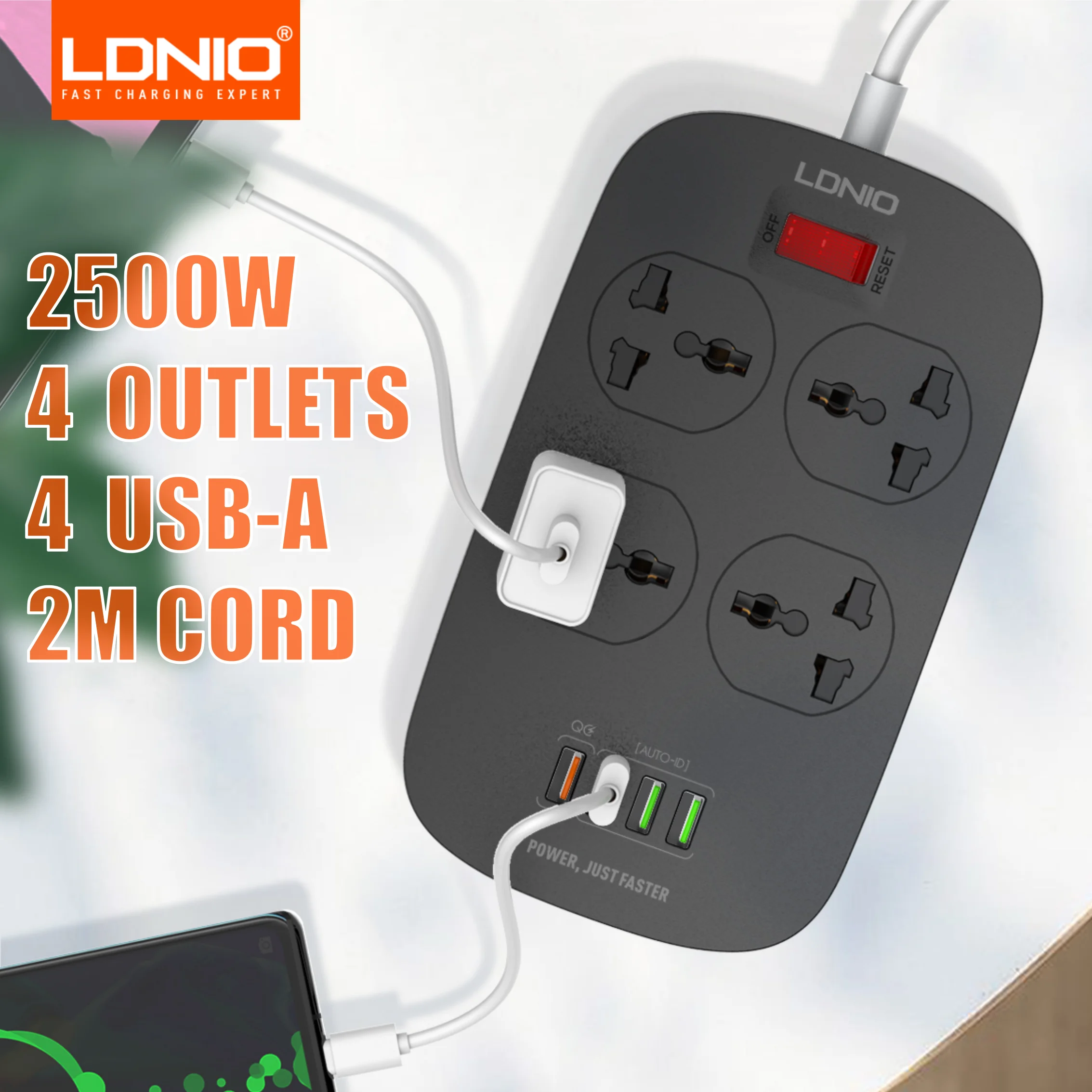 

Универсальная розетка-удлинитель LDNIO SC4407 для быстрой зарядки, 4 розетки, 4 USB-порта